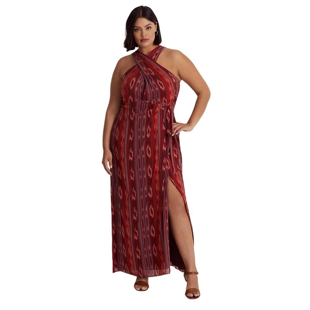 GEO STRIPED GEORGETTE HALTER GOWN LAUREN RAPLH LAUREN, FUSCHIA,  SIZE 18, NWT‎
